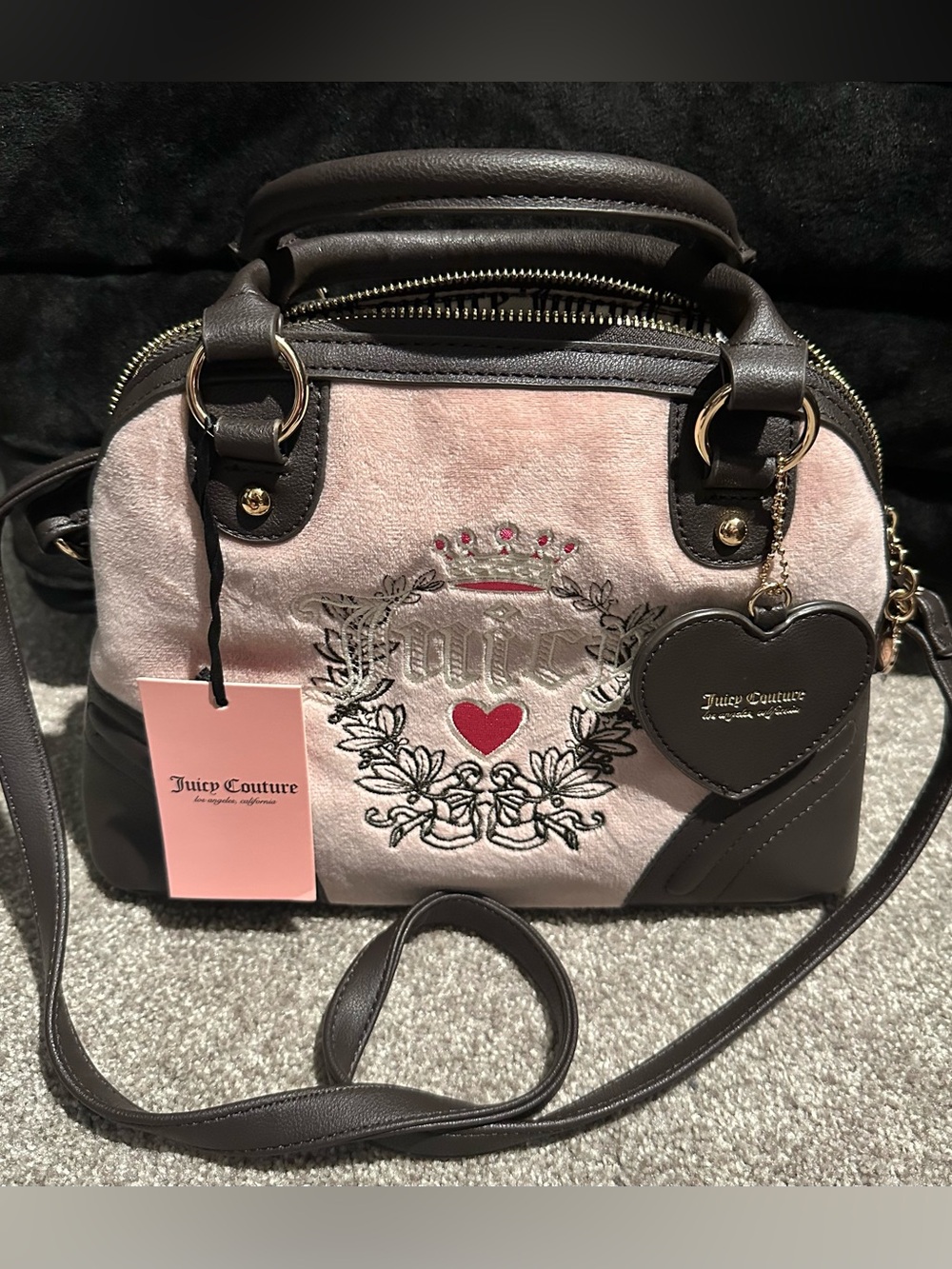 Juicy Couture Pink Suede & Brown Leather Heart Charm Satchel Bag